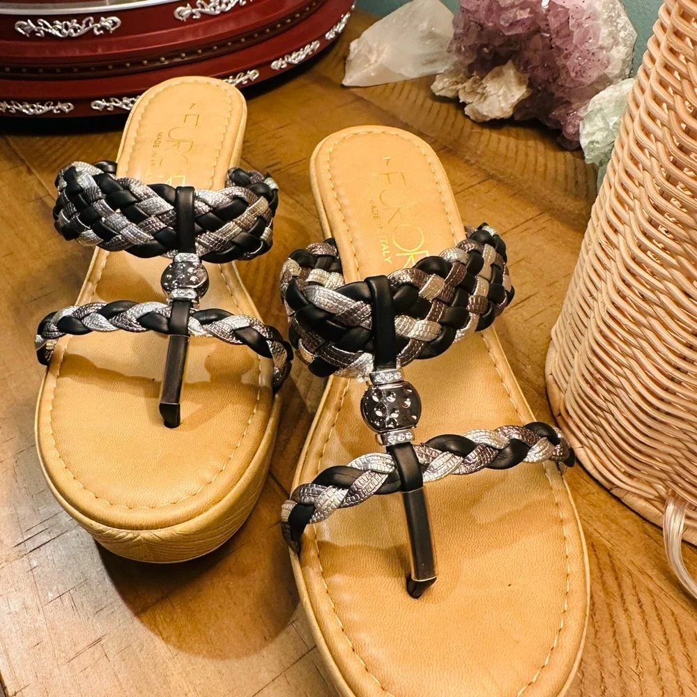 Furore Made in Italy Elegant Black and Tan Wedge Shoes with Braided Straps US7.5